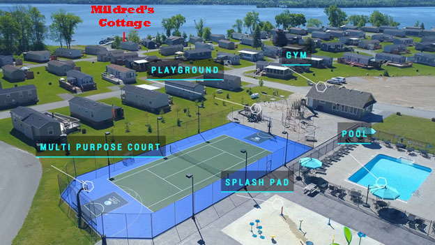 Aerial view of Mildred's Lakefront Resort Cottage at Bellmere Winds Golf Resort on Rice Lake